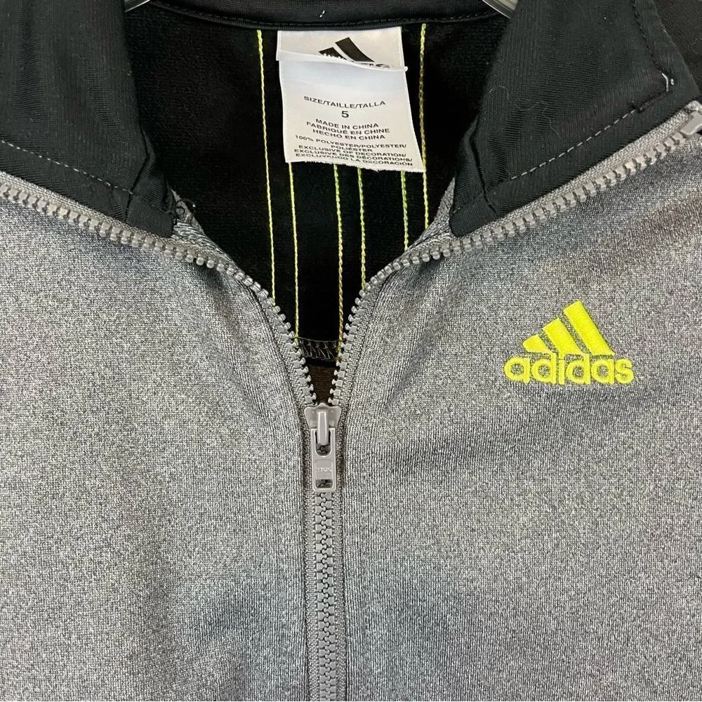 Boys Adidas Fleece Zip Up Gray, Black & Neon Green Track Jacket Small Pockets